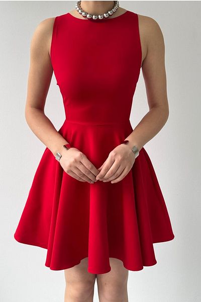 bayansepeti Red Atlas Fabric Double Pocket Detail Sleeveless Mini Flared Dress 366