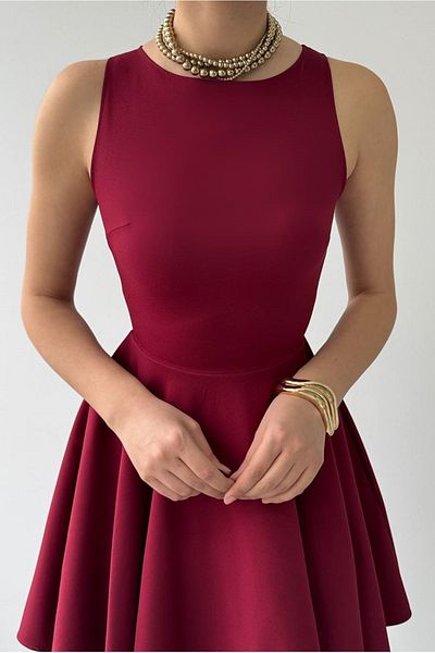 bayansepeti Rochie mini evazată fără mâneci, cu buzunar dublu din țesătură Atlas burgundă 366