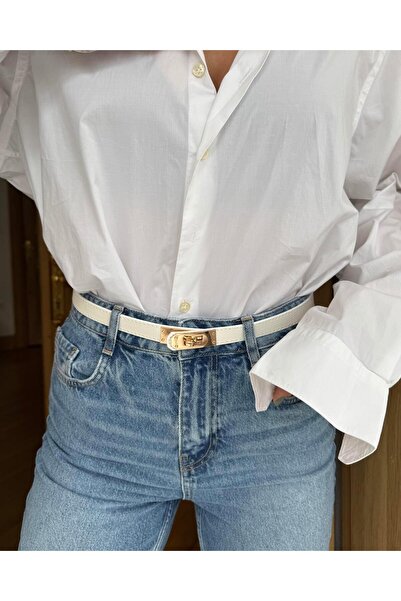 Tina İstanbul Curea albă cusută de 2 cm cu cataramă de blocare aurie