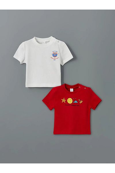 LC Waikiki Lcw Eco White Crew Neck Printed Baby Boy T-Shirt Pack of 2