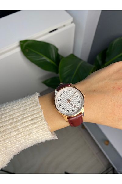 LUNA Eyewear Burgundy Gold Number Women's Minimal Vintage Round Leather Strap Steel Case Retro Wristwatch