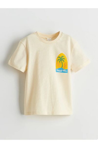 LC Waikiki LCW ECO Beige bedrucktes Jungen-T-Shirt mit Rundhalsausschnitt