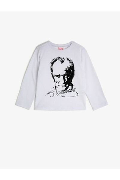 YCN TEKSTİL Tricou alb unisex cu mânecă lungă cu imprimeu Ataturk