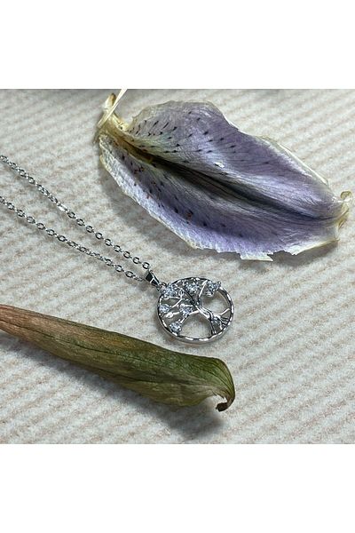 SWEATEE 316L Colorless Stone Tree of Life Steel Necklace