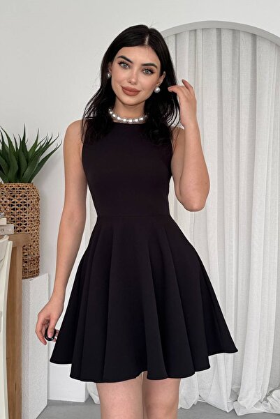 barış sülün lovebox Kadın Atlas Kumaş Çift Cep Tasarımlı Kolsuz Kloş Siyah Mini Abiye Elbise 366