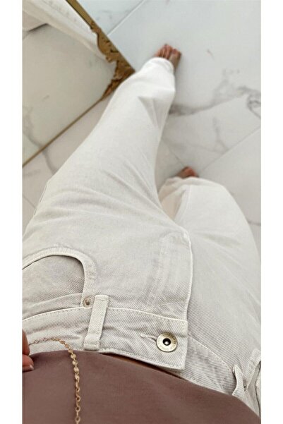 MAKRAS EXCLUSIVE A122705 Women's Stone Color Jean High Waist Boyfriend Loose Wide Leg Denim Pants