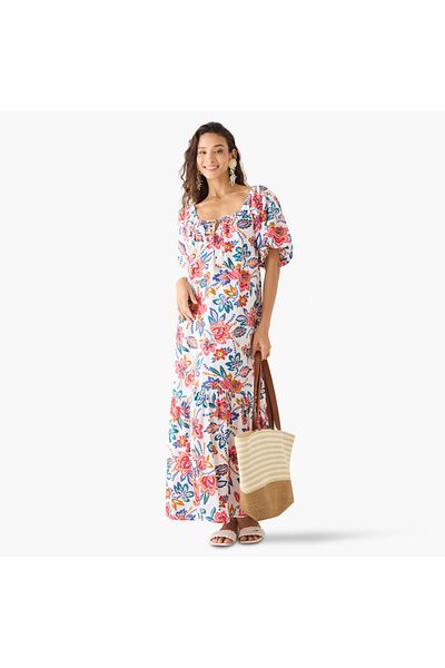 FAV Floral Print A-line Maxi Dress with Short Sleeves