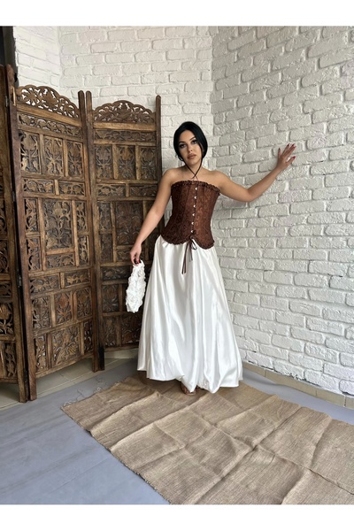 moneta boutique Fusta midi cu balon din satin cu design pentru femei, cu talie elastică