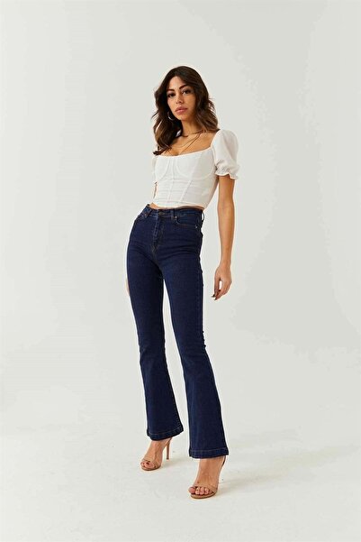 MAKRAS EXCLUSIVE A118633 High Waist Dark Blue Spanish Leg Jeans Lycra Stretch Denim Pants