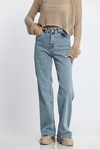 ByCukurovaFrango BY-4292 Pantaloni din denim stil Palazzo, cu picior larg, cu...