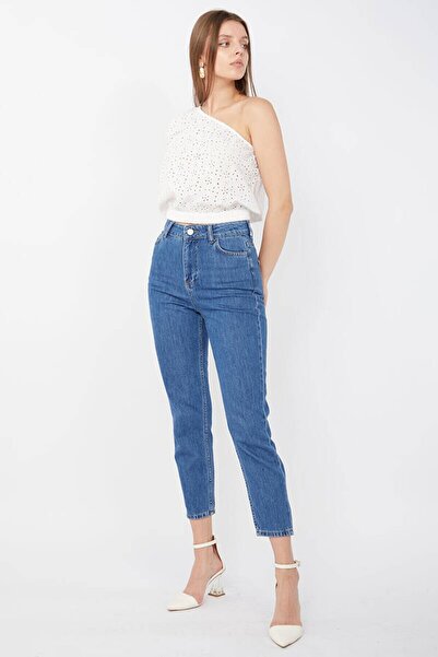 ByCukurovaFrango Kadın Mom Jean Pantolon Ful Likralı Esnek Mavi Jean