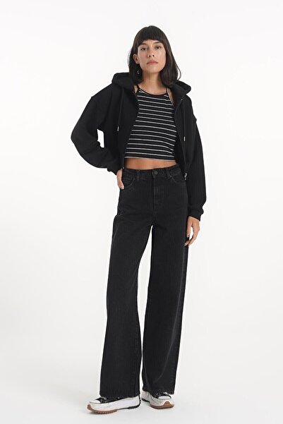 ByCukurovaFrango By-8066 Black Lycra Super High Waist Loose Jeans Palazzo Wid...