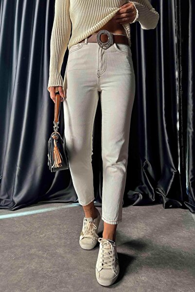 JAXEN Ns-63948 Women's Thread Detailed Jean Pants Ecru High Waist Mom Jeans Slim Leg Jeans