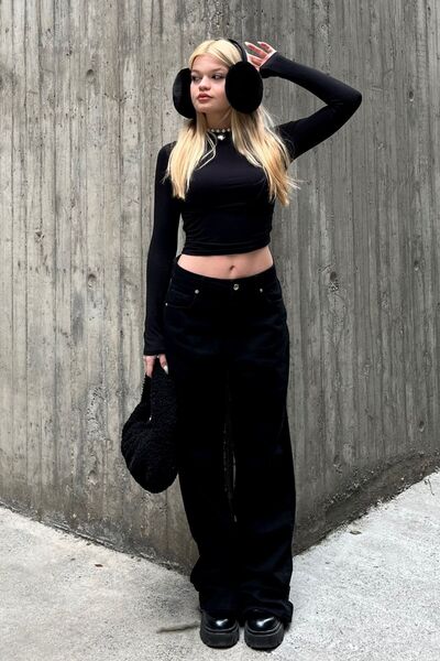 JAXEN Ns-50295 Women's Black Wide Leg Wide Leg Jean Pants High Waist Boyfrien...