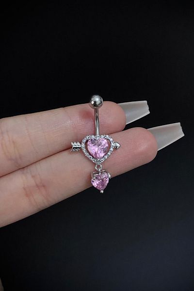 Blisse Piercing Women's Surgical Steel Arrow Heart Figured Pink Stone Dangle Belly Navel Piercing