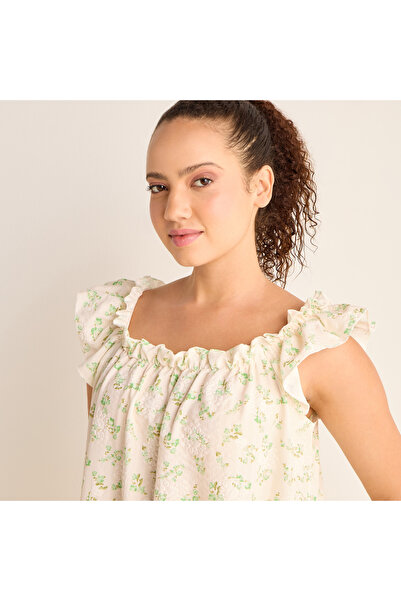 FAV Floral Print Sleeveless Night Dress with Ruffle Detail