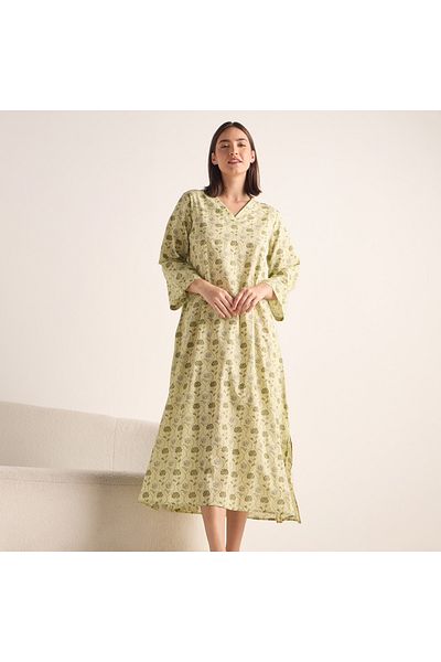 FAV Printed V-neck Night Dress with 3/4 Sleeves