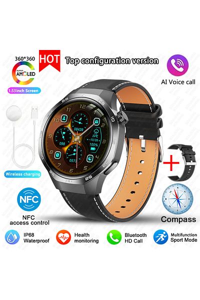BOXUXING GPS NFC Watch GT5Pro Black leather New For Huawei Watch GT5 Pro Smart Watch HD AMOLED Screen NFC GPS