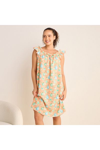 FAV Printed Sleeveless Night Dress with Ruffle Detail