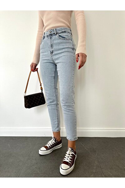 ByCukurovaFrango By-7460 90's Blue Mom Jeans Lycra High Waist Snow Washed Jea...