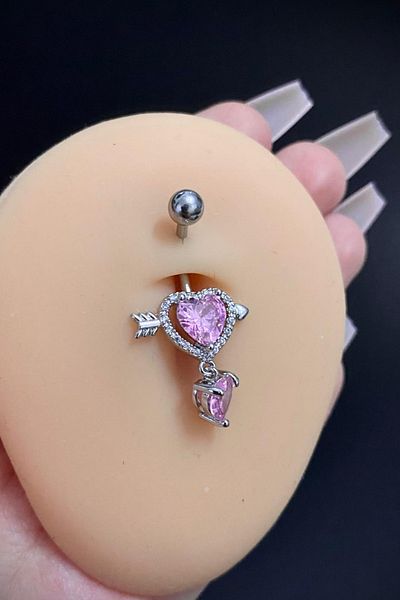Blisse Piercing Women's Surgical Steel Arrow Heart Figured Pink Stone Dangle Belly Navel Piercing