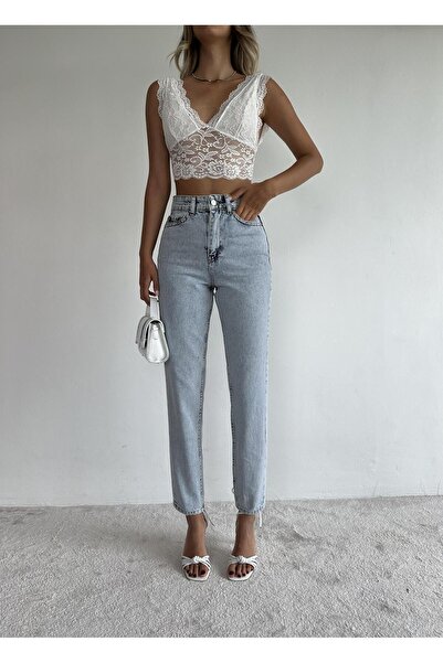 ByCukurovaFrango Visok struk Sa likrom Farmerke - Snježno plave Mom farmerke ...