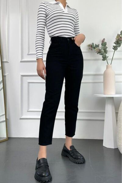 ByCukurovaFrango BY-9568 بنطلون جينز نسائي أسود عالي الخصر مريح من الليكرا مو...