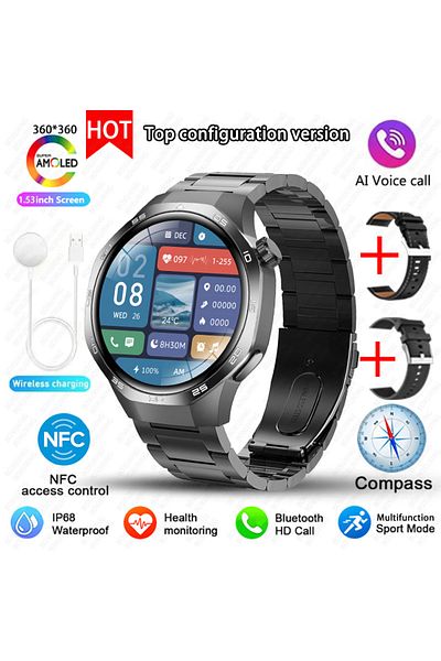 BOXUXING GPS NFC Watch GT5Pro Black steel New For Huawei Watch GT5 Pro Smart Watch HD AMOLED Screen NFC GPS T