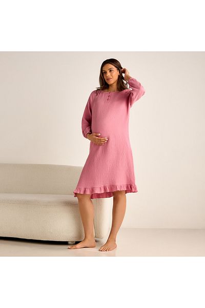 FAV Textured Maternity Night Dress with Long Sleeves