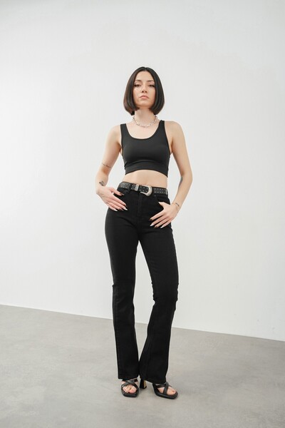 ByCukurovaFrango By-9667 Zero Max High Waist Flared Black Jeans Denim Trousers