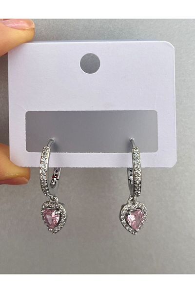 Bijou Luz Silver Pink Heart Detailed Earrings