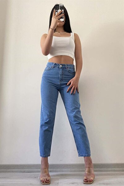 MAKRAS EXCLUSIVE A181170 Medium Light Blue Boyfriend Jean Women's Mom Jeans High Waist Jeans Slim Fit