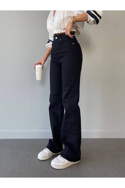 dressmix Milano Lemina Blugi negri cu picioare late care nu se estompează Blugi negri largi Lycra Palazzo