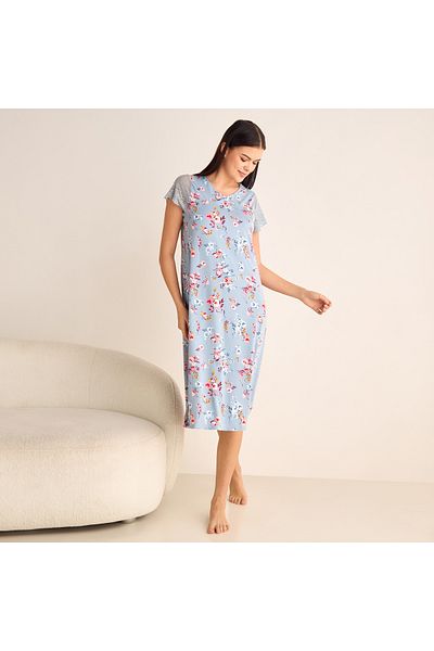 FAV Floral Print Sleepshirt With Short Sleeves And V-neck