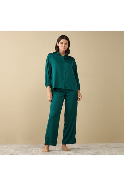 FAV Solid Shirt with Long Sleeves and Pyjama Set