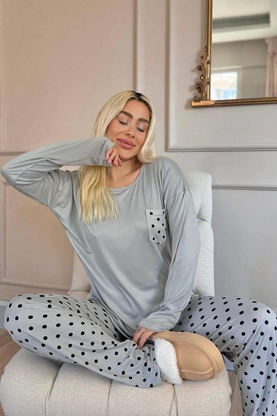 Pijamaevi Gray Point Patterned Bamboo Long Sleeve Women's Pajamas Set