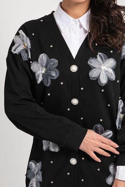 Bold Grup Women's Scuba Tulle Floral and Pearl Buttoned Cardigan Pantaloni Hijab Set