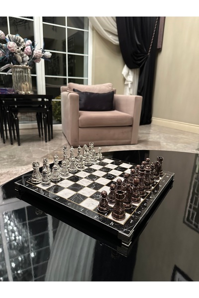 POLO BLUE Antique Classic Chess Set with Tumblers – 33X33 cm Marble Pattern Mdf Table & Cast Iron Stones