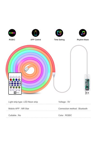 Choice 5m RGBIC 5M/16.4FT Bluetooth USB LED Light Neon Strip WS2812B RGBIC DC5V Rope Lights Neon Tape Chasi