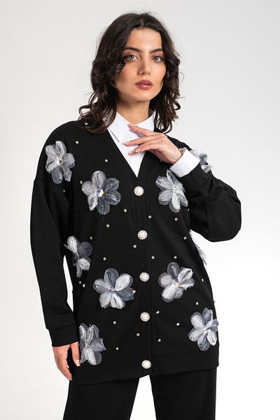 Bold Grup Women's Scuba Tulle Floral and Pearl Buttoned Cardigan Pantaloni Hijab Set
