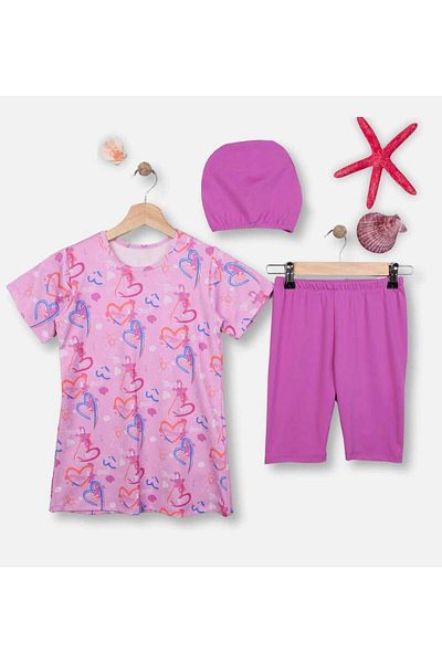 Modomood Girl's Top, Bonnet, Tights 3-Piece Lilac Heart Hijab Sea Pool Swimsuit Set