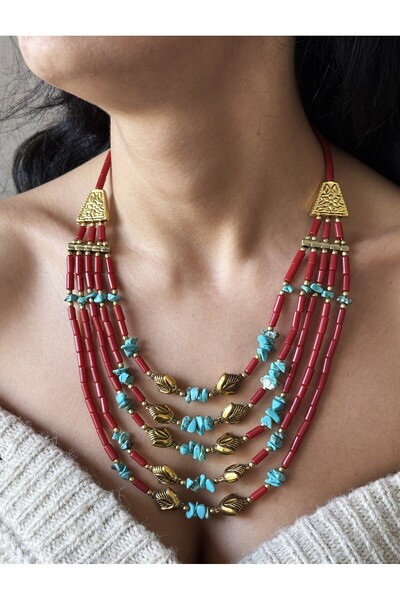 dela otantik Doğal taşlı bohem kadın kolye, El yapımı otantik etnik büyük turkuaz kırmızı takı, Necklace Jewelry