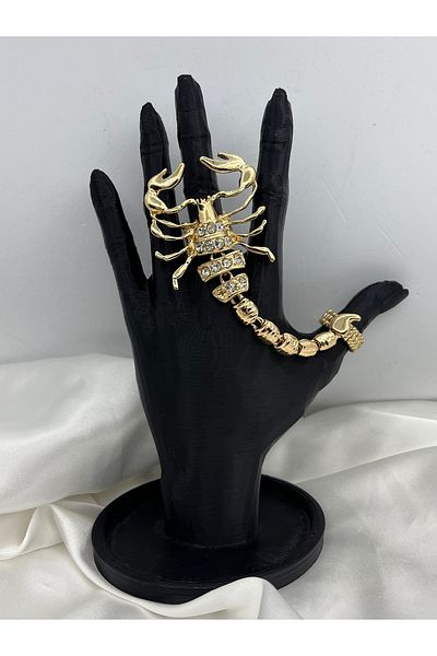Yıldız Accessory Gold Colored Zircon Stone Scorpion Double Finger Adjustable Size Ring