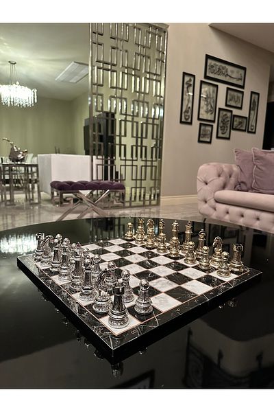 POLO BLUE Special Series Production Classic Chess Set - 44X44 cm Elegant Design & Red Stone Detail