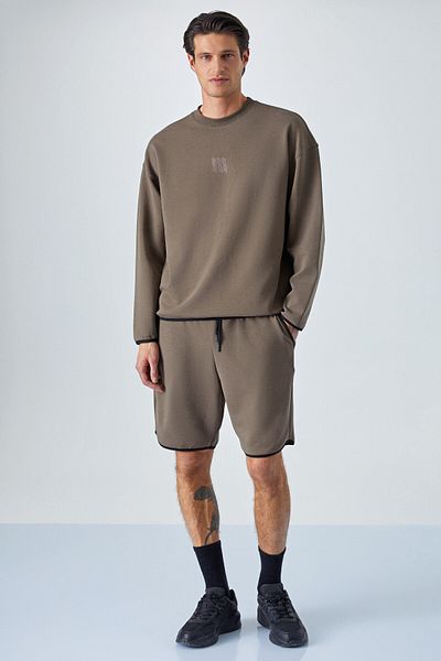 GRIMELANGE Plemon Men's Crew Neck Long Sleeve Print Detailed Oversize Dark Brown Sweatshirt