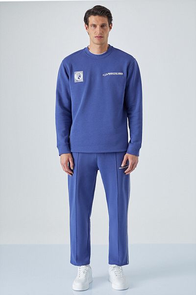 GRIMELANGE Ping Men's Crew Neck Relaxed Front Print Detailed Elastic Waist Navy Blue Tracksuit Set