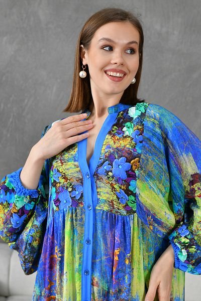 WOMAN VISION Rochie de vară cu imprimeu floral albastru, cu nasturi, guler dominant, mânecă cu balon, lungime midi, evazată, 036