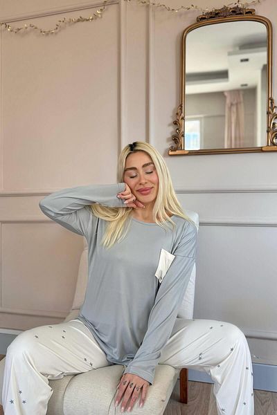 Pijamaevi Cream Star Pattern Bamboo Long Sleeve Women's Pajamas Set