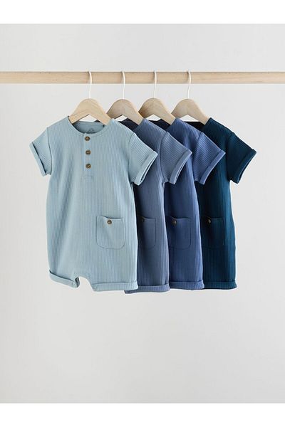 Next Baby 100% Cotton Blue Navy Blue Textured 4-Piece Romper Set