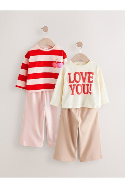 Next Baby Cotton Red Cream Love You Printed Long Sleeve 2-Piece Bottom Top Set